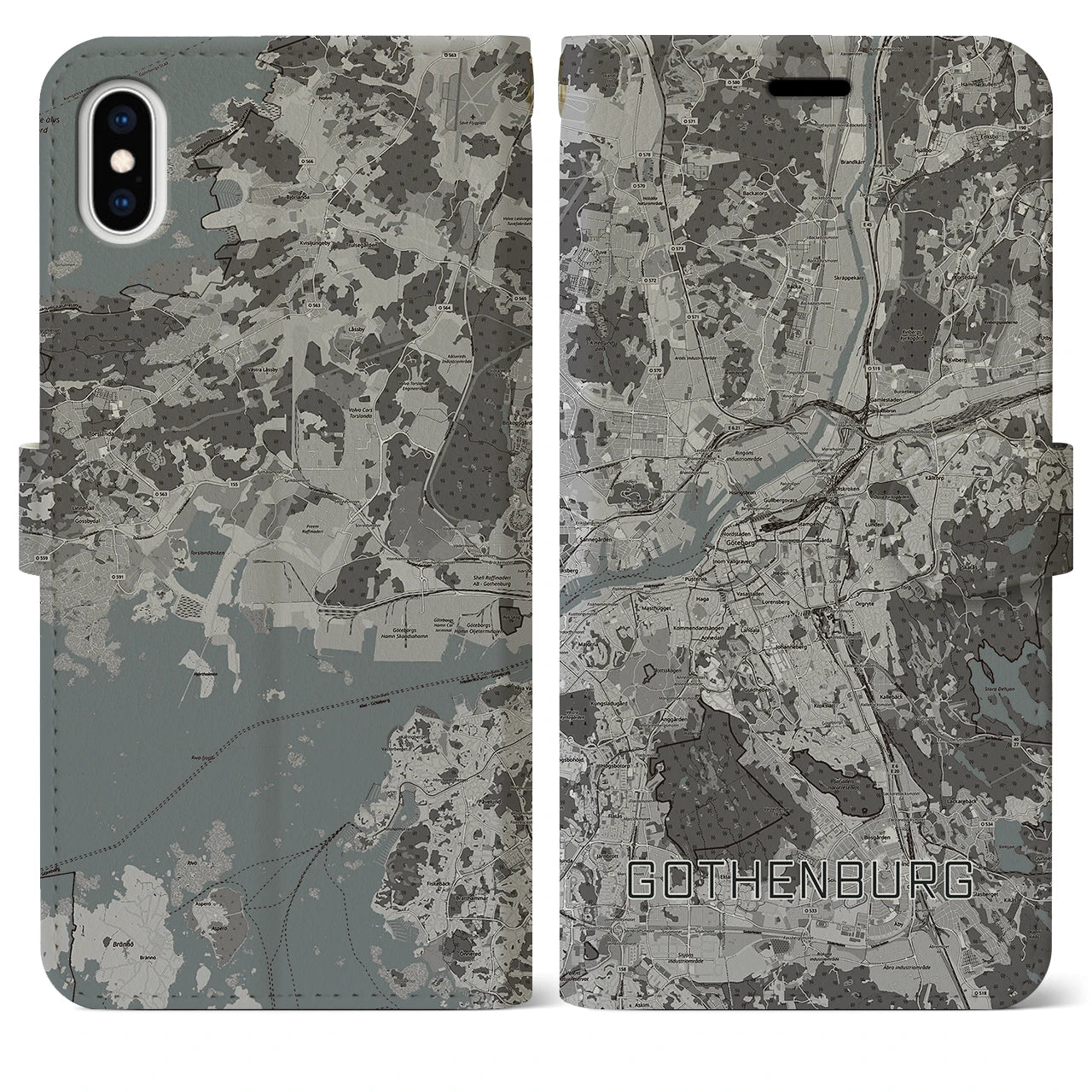 【ヨーテボリ(スウェーデン)】地図柄iPhoneケース(手帳タイプ)モノトーン・iPhone XS Max 用