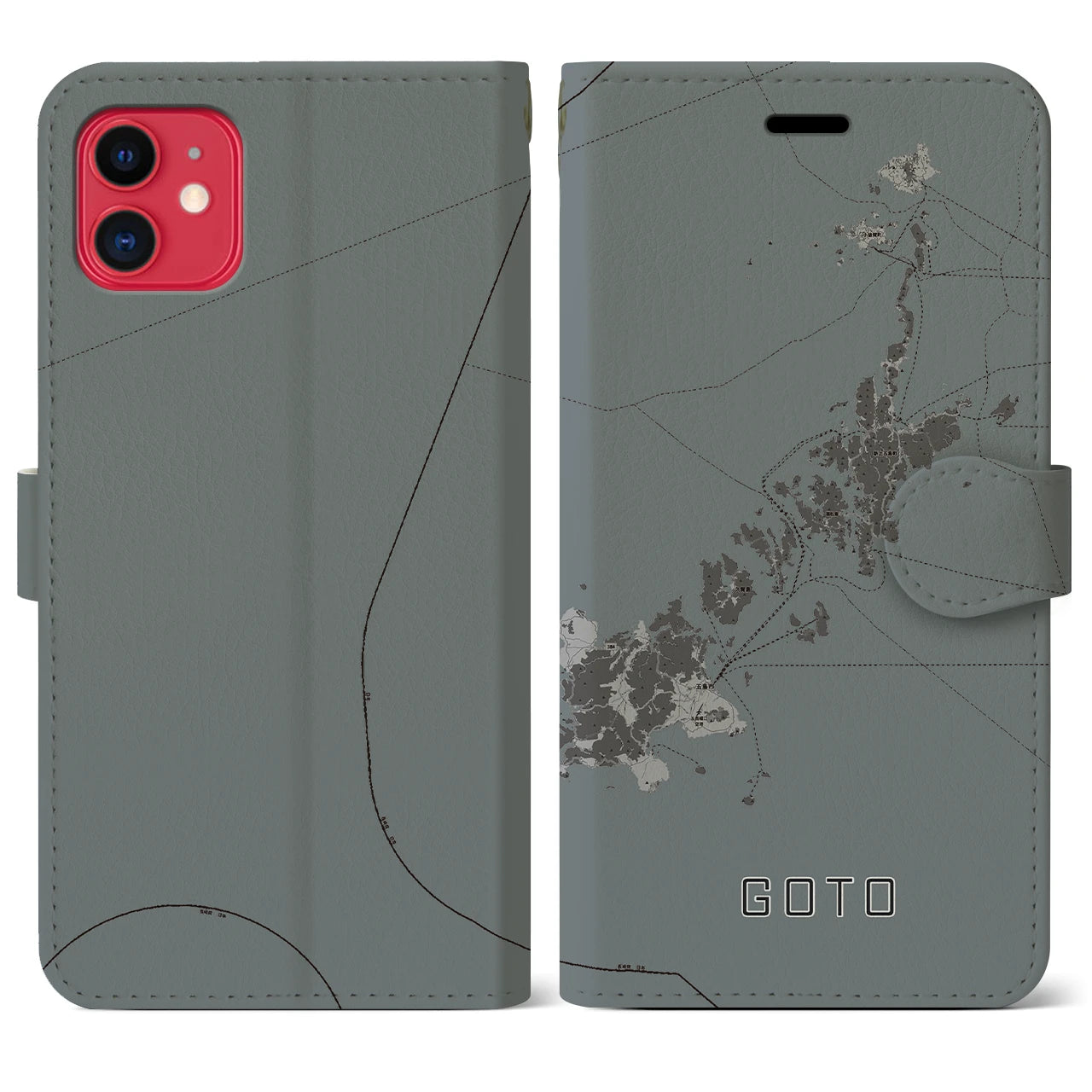 【五島(長崎県)】地図柄iPhoneケース(手帳タイプ)モノトーン・iPhone 11 用