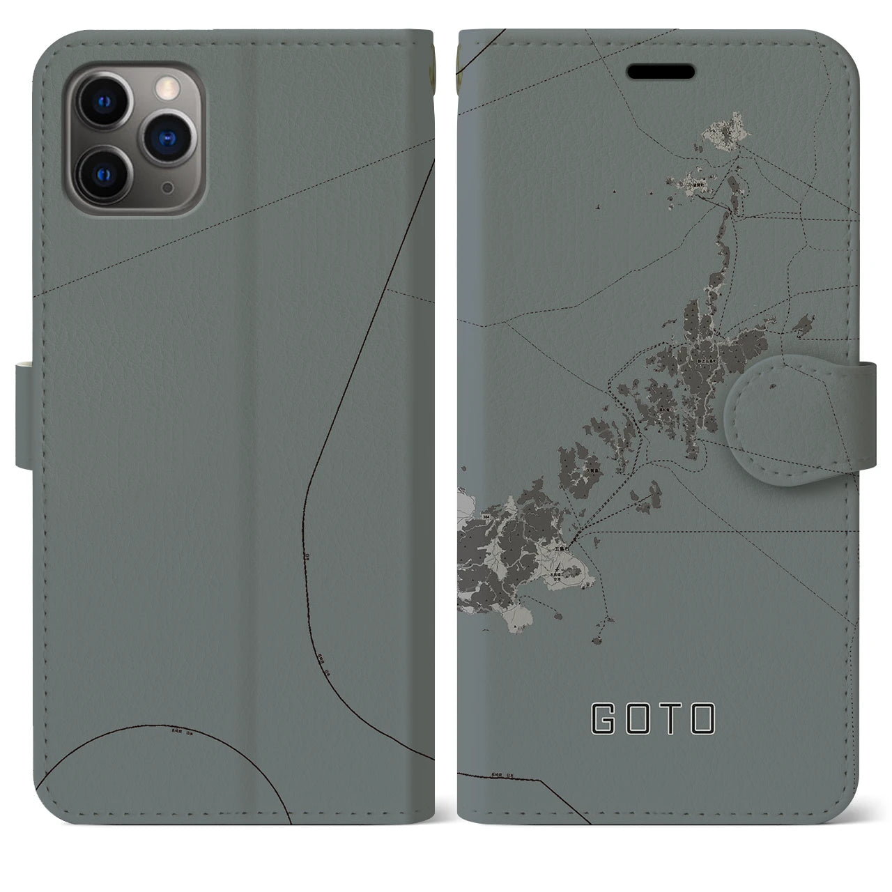 【五島(長崎県)】地図柄iPhoneケース(手帳タイプ)モノトーン・iPhone 11 Pro Max 用