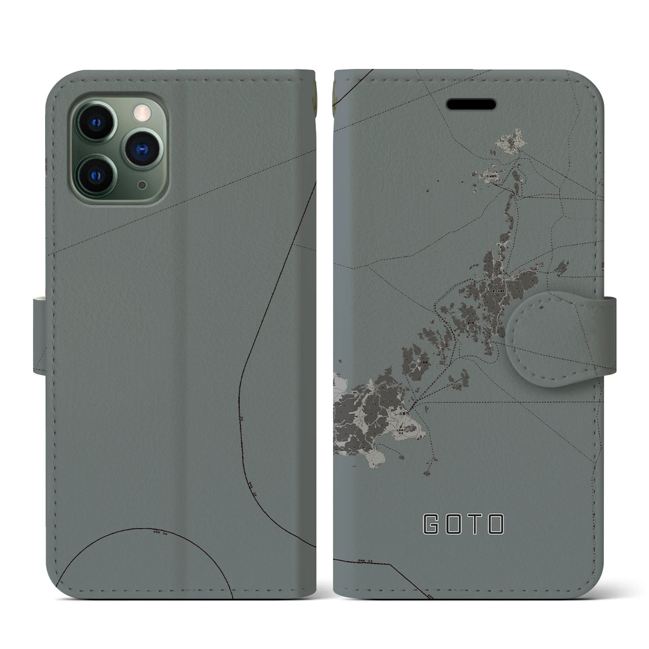 【五島(長崎県)】地図柄iPhoneケース(手帳タイプ)モノトーン・iPhone 11 Pro 用