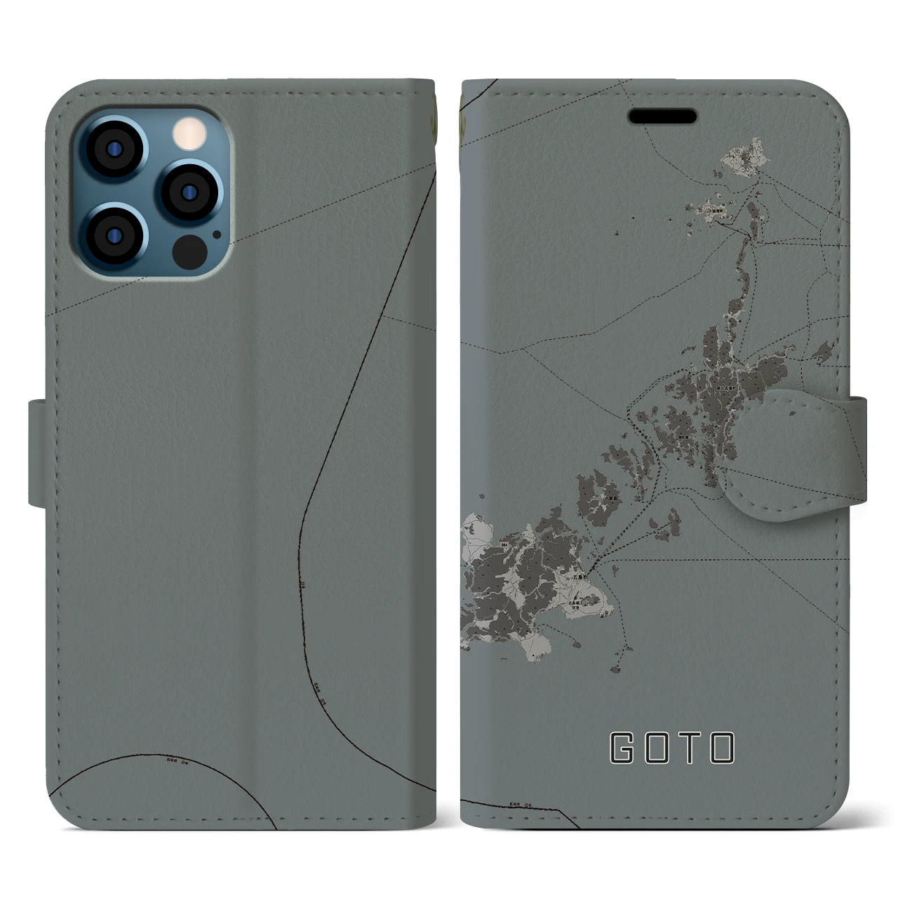 【五島(長崎県)】地図柄iPhoneケース(手帳タイプ)モノトーン・iPhone 12 / 12 Pro 用