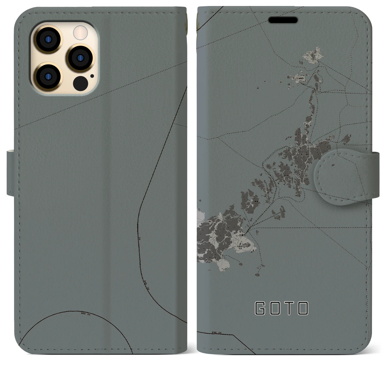 【五島(長崎県)】地図柄iPhoneケース(手帳タイプ)モノトーン・iPhone 12 Pro Max 用