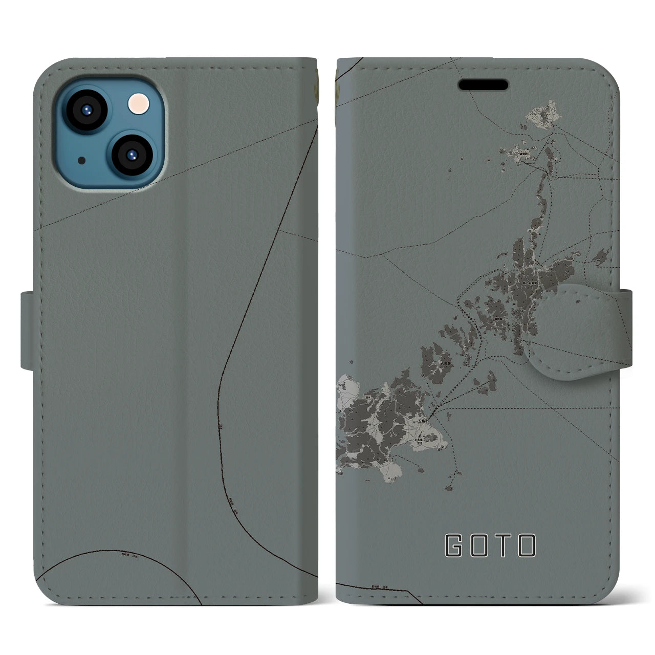 【五島(長崎県)】地図柄iPhoneケース(手帳タイプ)モノトーン・iPhone 13 用