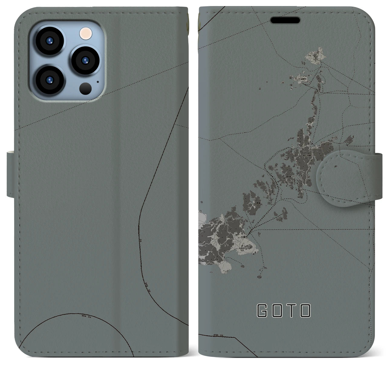 【五島(長崎県)】地図柄iPhoneケース(手帳タイプ)モノトーン・iPhone 13 Pro Max 用