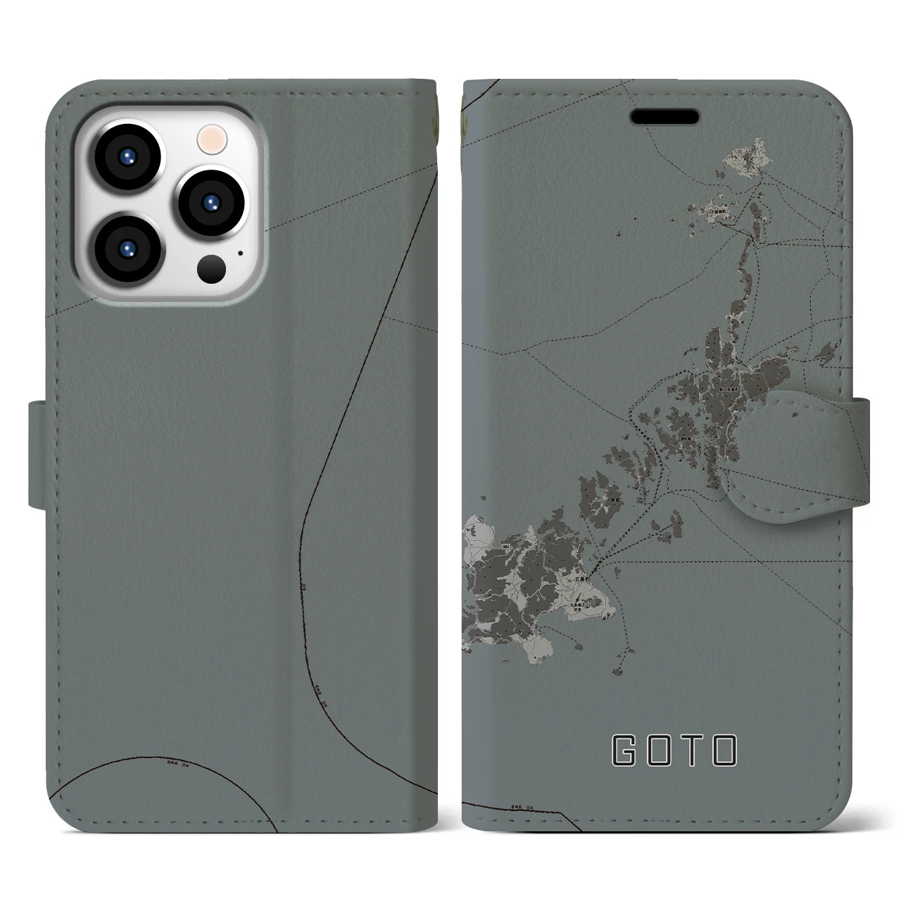 【五島(長崎県)】地図柄iPhoneケース(手帳タイプ)モノトーン・iPhone 13 Pro 用