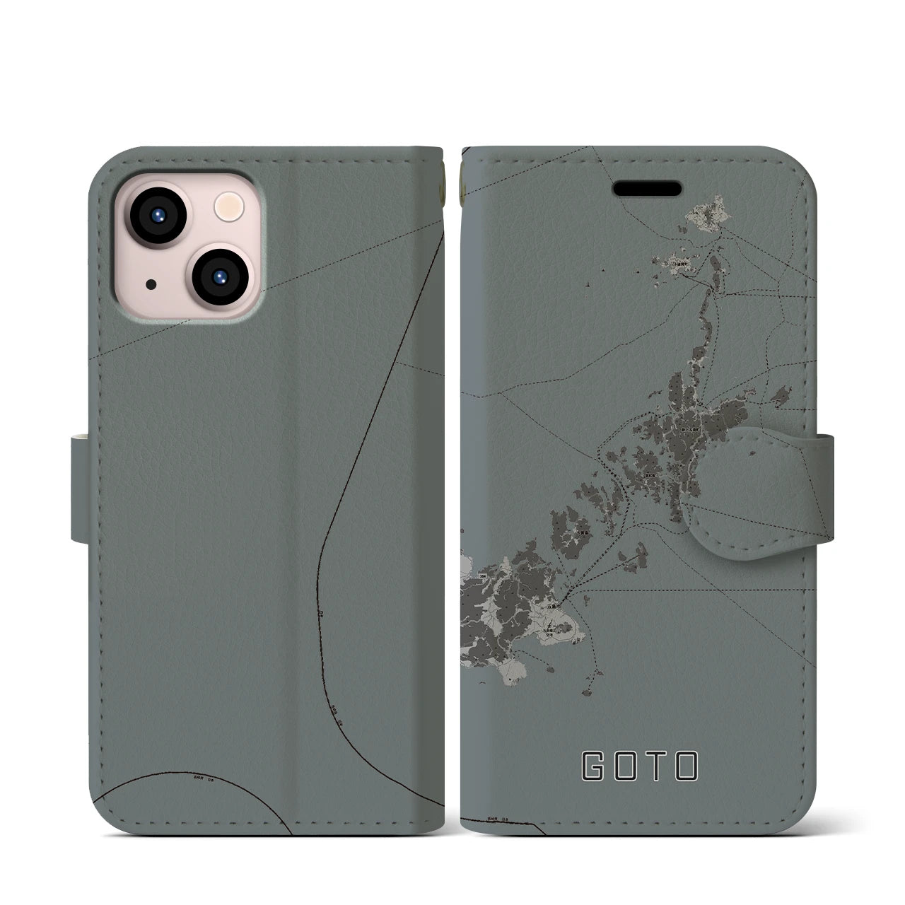 【五島(長崎県)】地図柄iPhoneケース(手帳タイプ)モノトーン・iPhone 13 mini 用