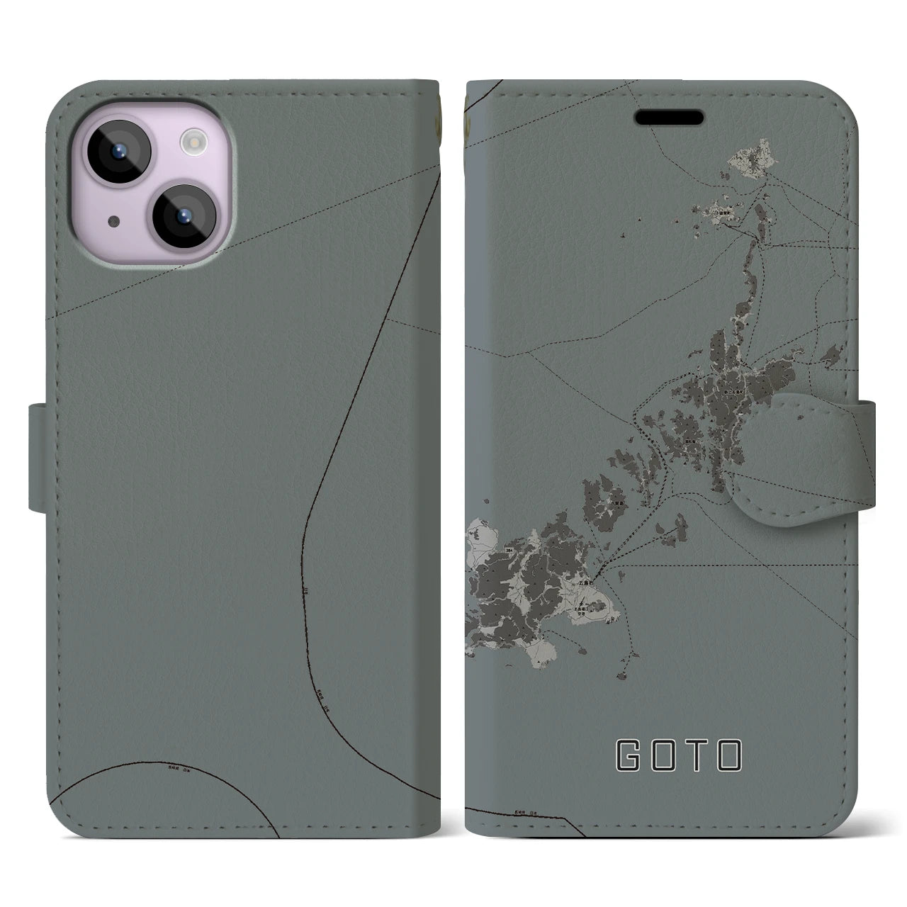 【五島(長崎県)】地図柄iPhoneケース(手帳タイプ)モノトーン・iPhone 14 用