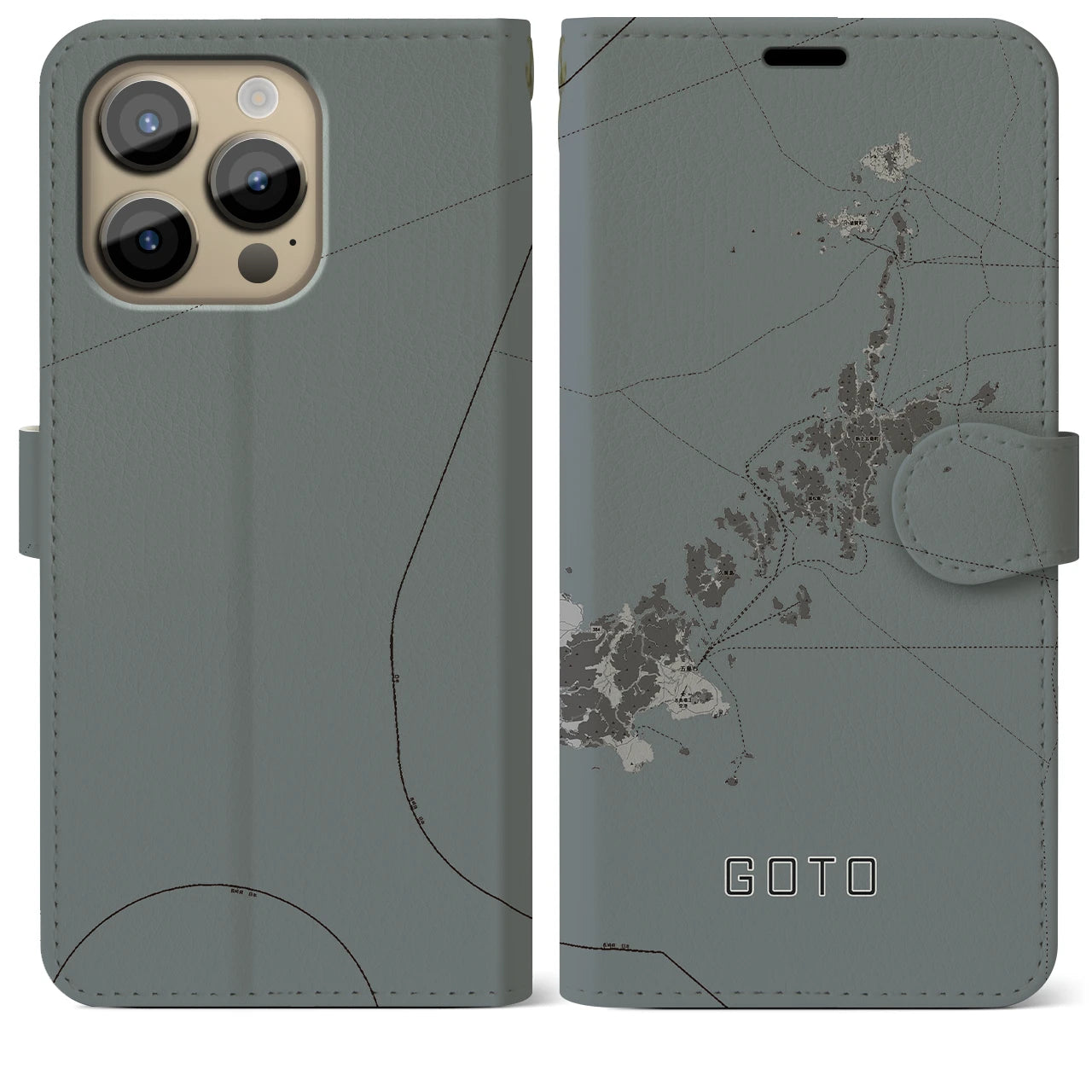 【五島(長崎県)】地図柄iPhoneケース(手帳タイプ)モノトーン・iPhone 14 Pro Max 用