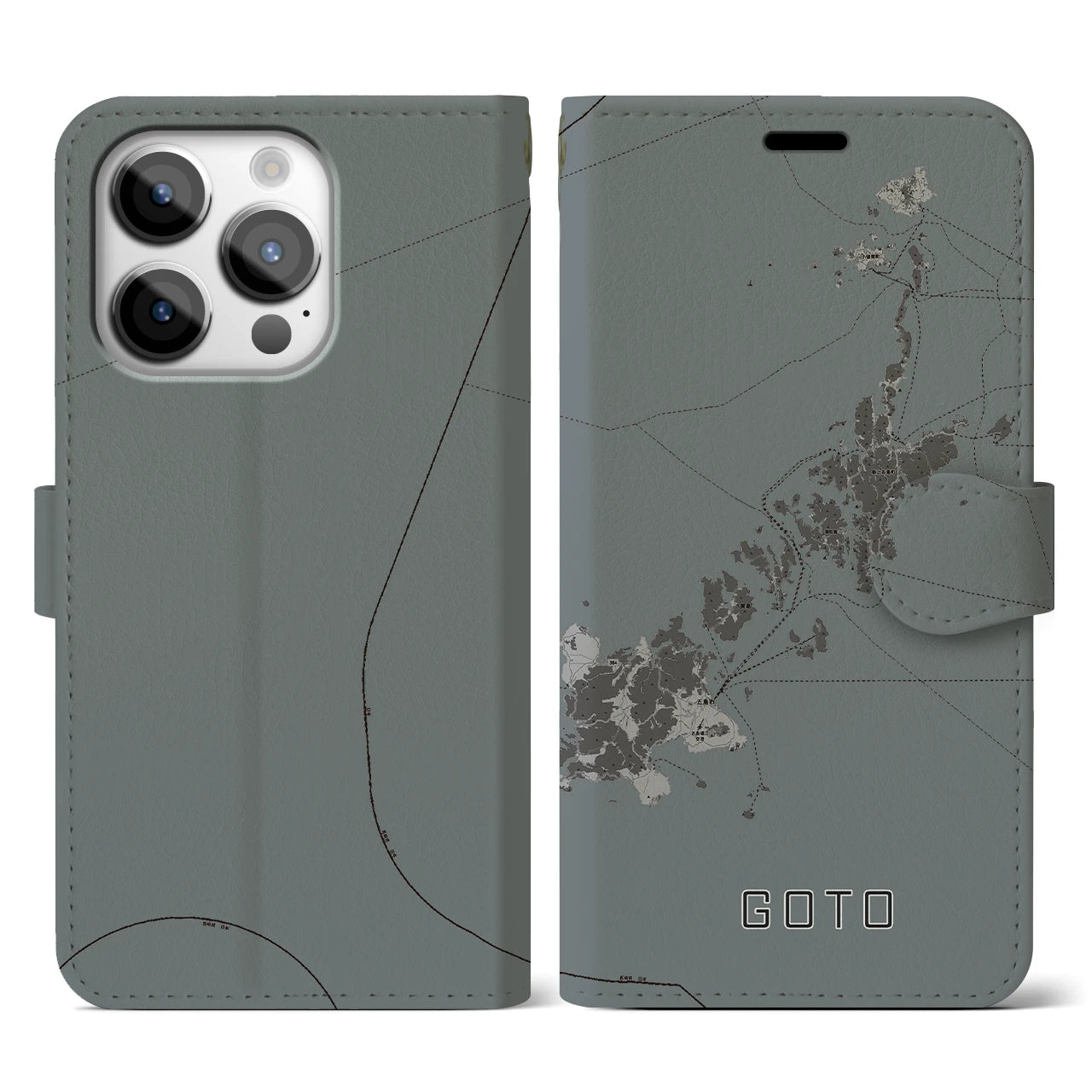 【五島(長崎県)】地図柄iPhoneケース(手帳タイプ)モノトーン・iPhone 14 Pro 用