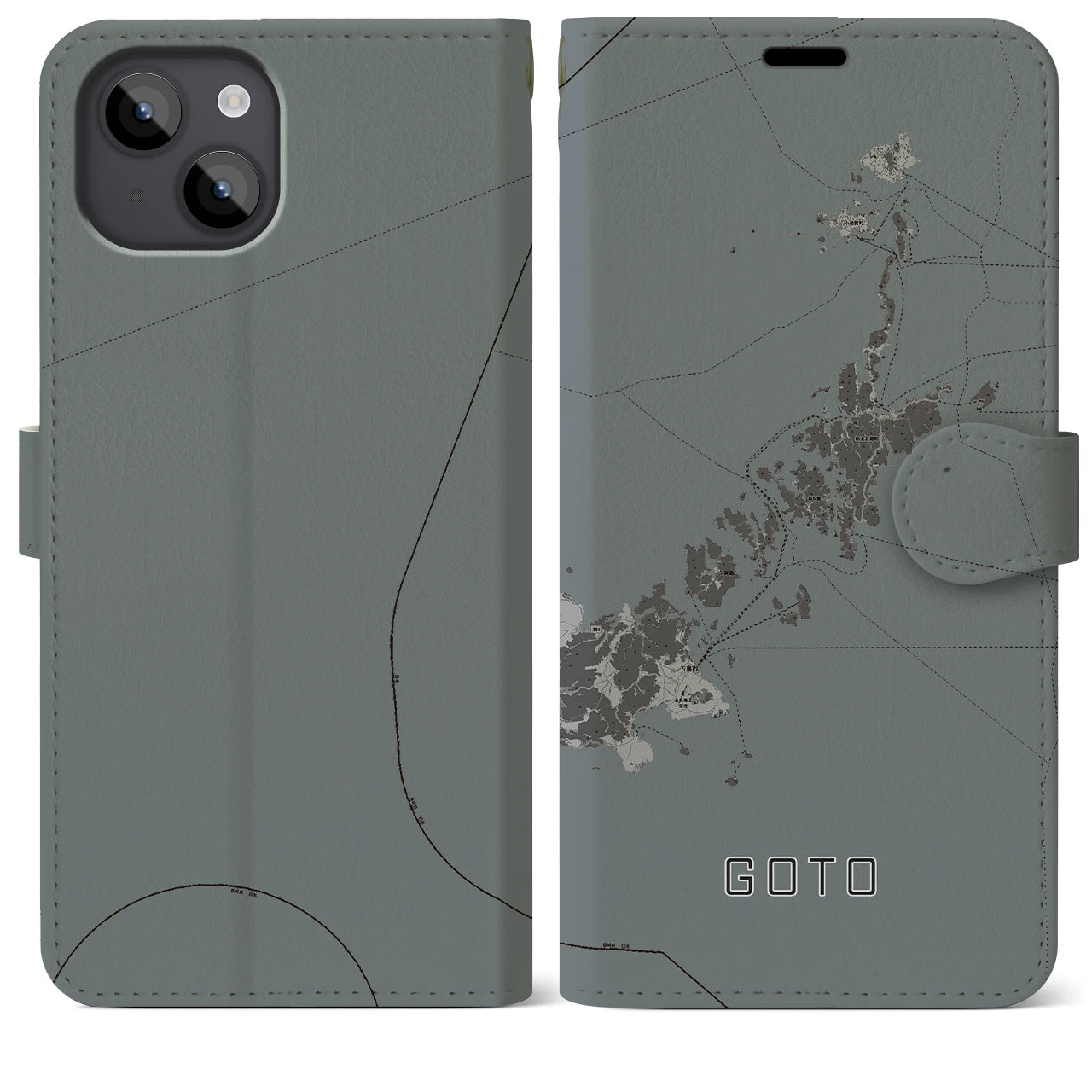 【五島(長崎県)】地図柄iPhoneケース(手帳タイプ)モノトーン・iPhone 14 Plus 用