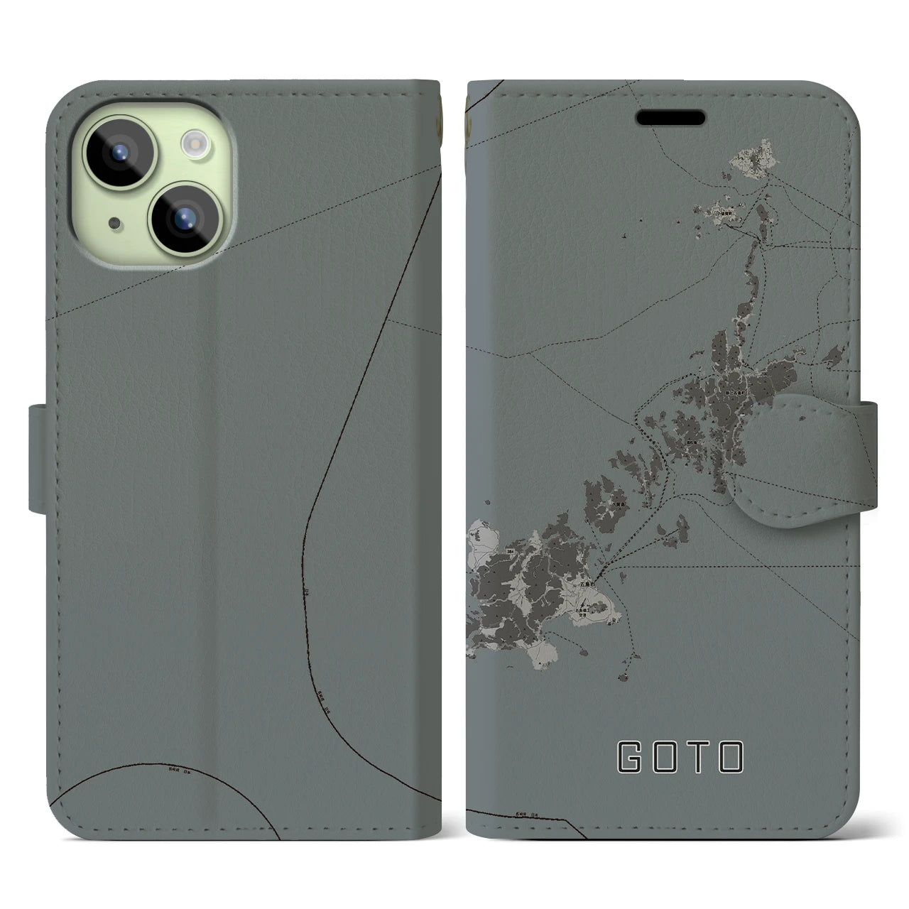 【五島(長崎県)】地図柄iPhoneケース(手帳タイプ)モノトーン・iPhone 15 用