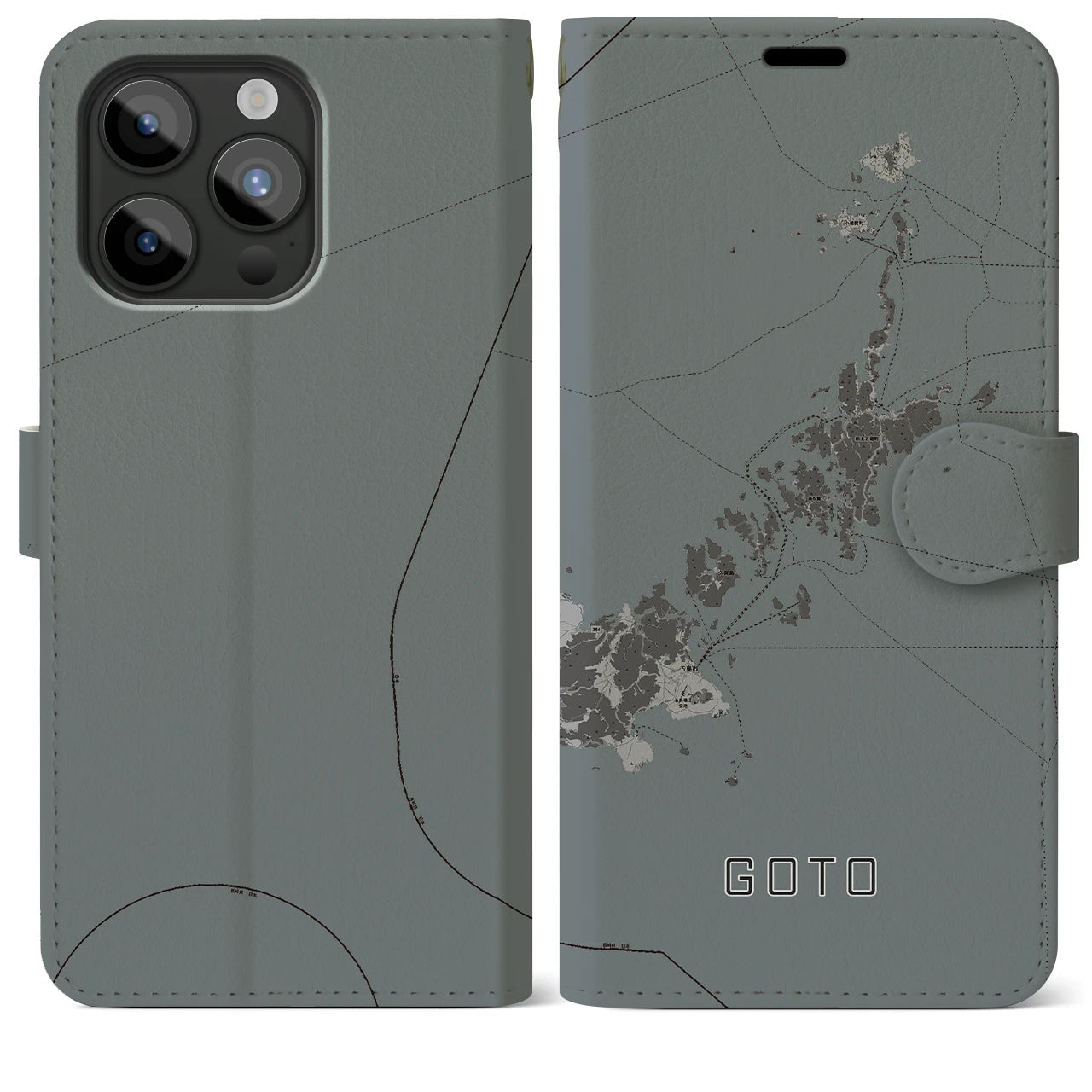 【五島(長崎県)】地図柄iPhoneケース(手帳タイプ)モノトーン・iPhone 15 Pro Max 用
