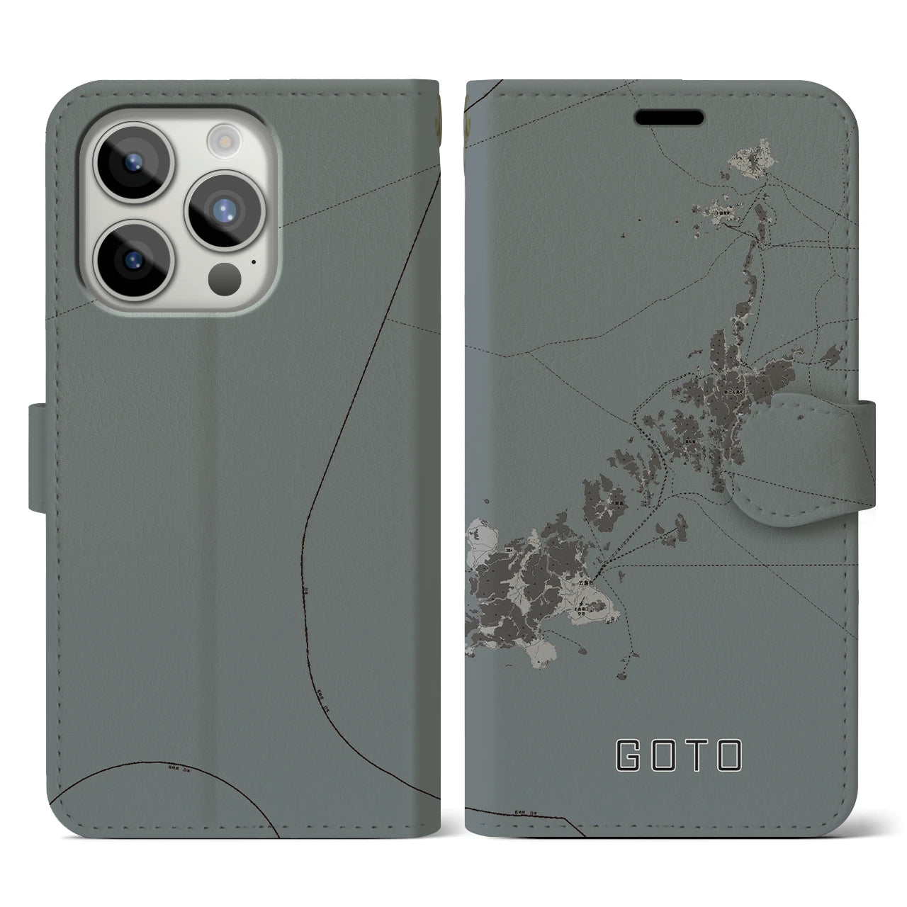 【五島(長崎県)】地図柄iPhoneケース(手帳タイプ)モノトーン・iPhone 15 Pro 用