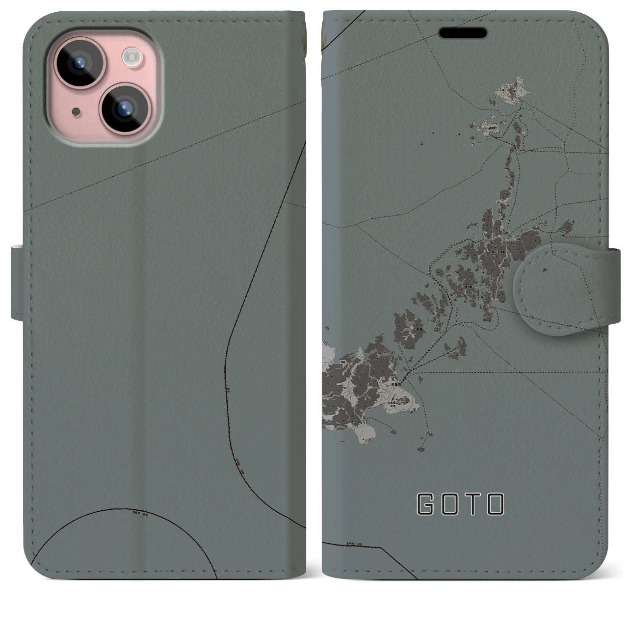 【五島(長崎県)】地図柄iPhoneケース(手帳タイプ)モノトーン・iPhone 15 Plus 用