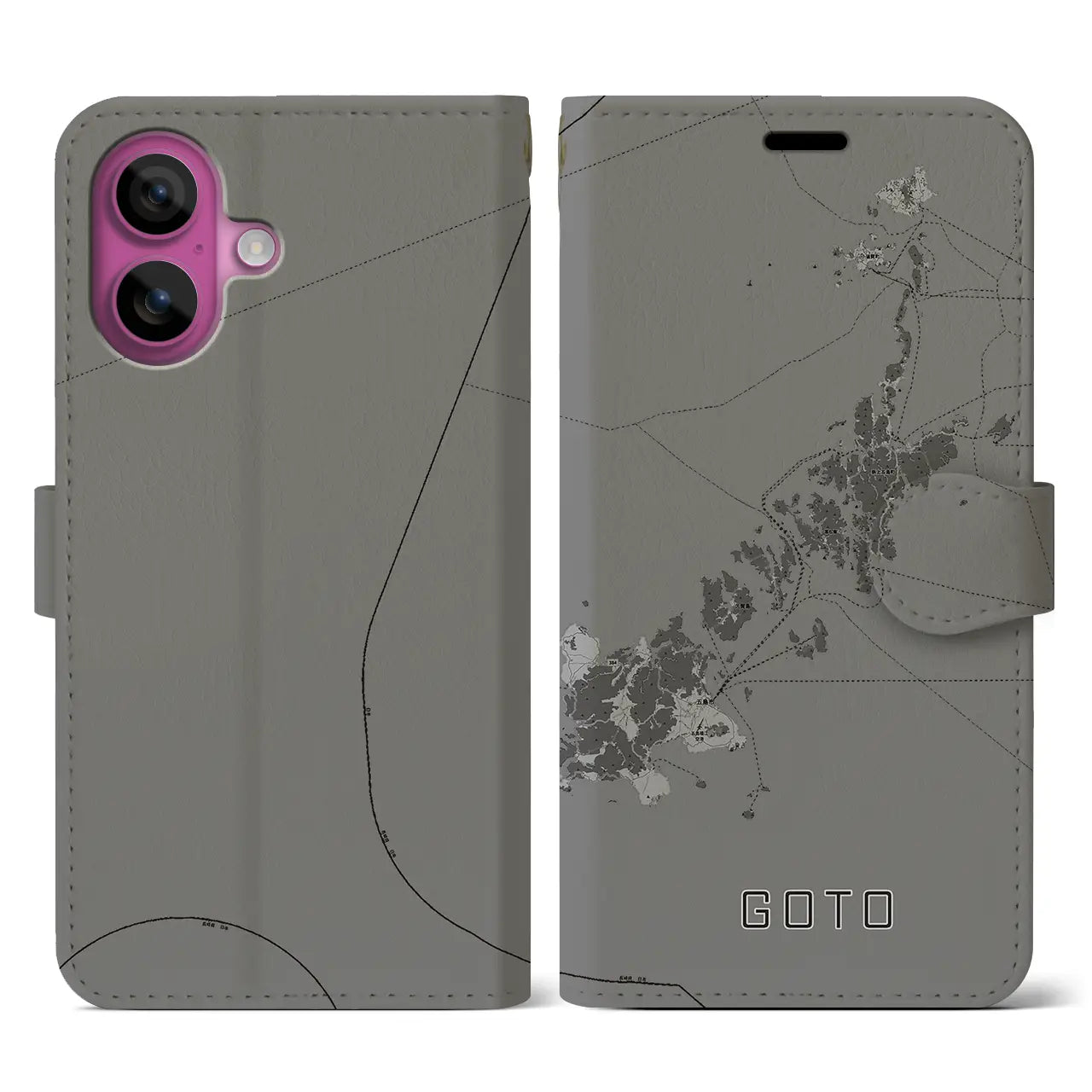 【五島(長崎県)】地図柄iPhoneケース(手帳タイプ)モノトーン・iPhone 16 Pro 用