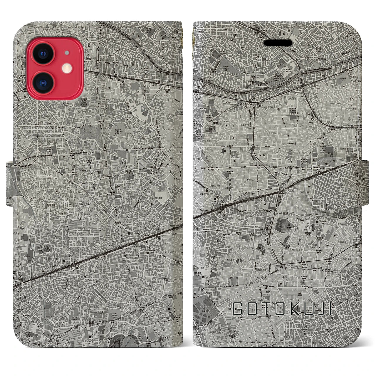 【豪徳寺(東京都)】地図柄iPhoneケース(手帳タイプ)モノトーン・iPhone 11 用