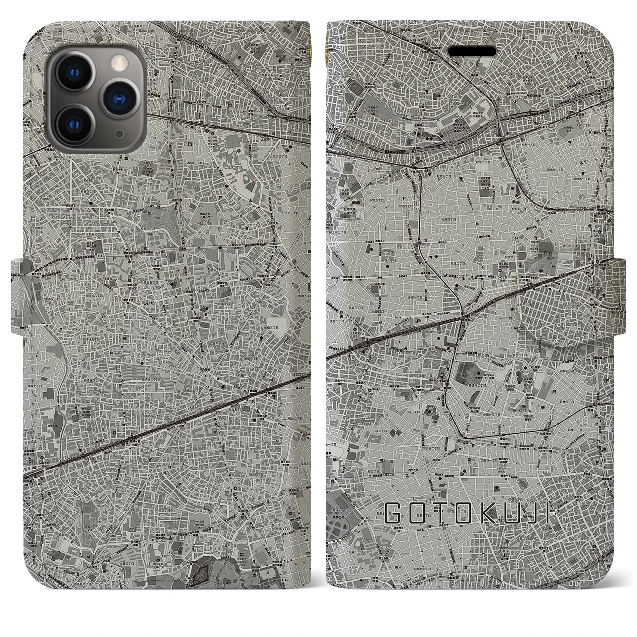 【豪徳寺(東京都)】地図柄iPhoneケース(手帳タイプ)モノトーン・iPhone 11 Pro Max 用