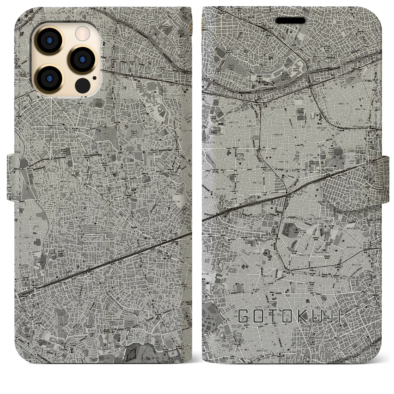 【豪徳寺(東京都)】地図柄iPhoneケース(手帳タイプ)モノトーン・iPhone 12 Pro Max 用