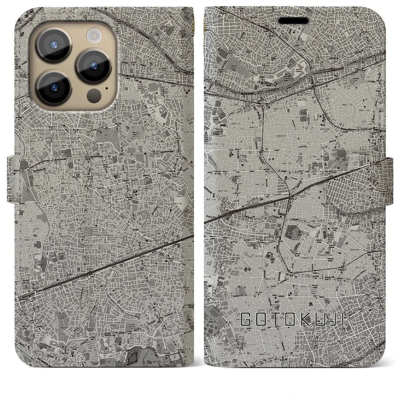 【豪徳寺(東京都)】地図柄iPhoneケース(手帳タイプ)モノトーン・iPhone 14 Pro Max 用