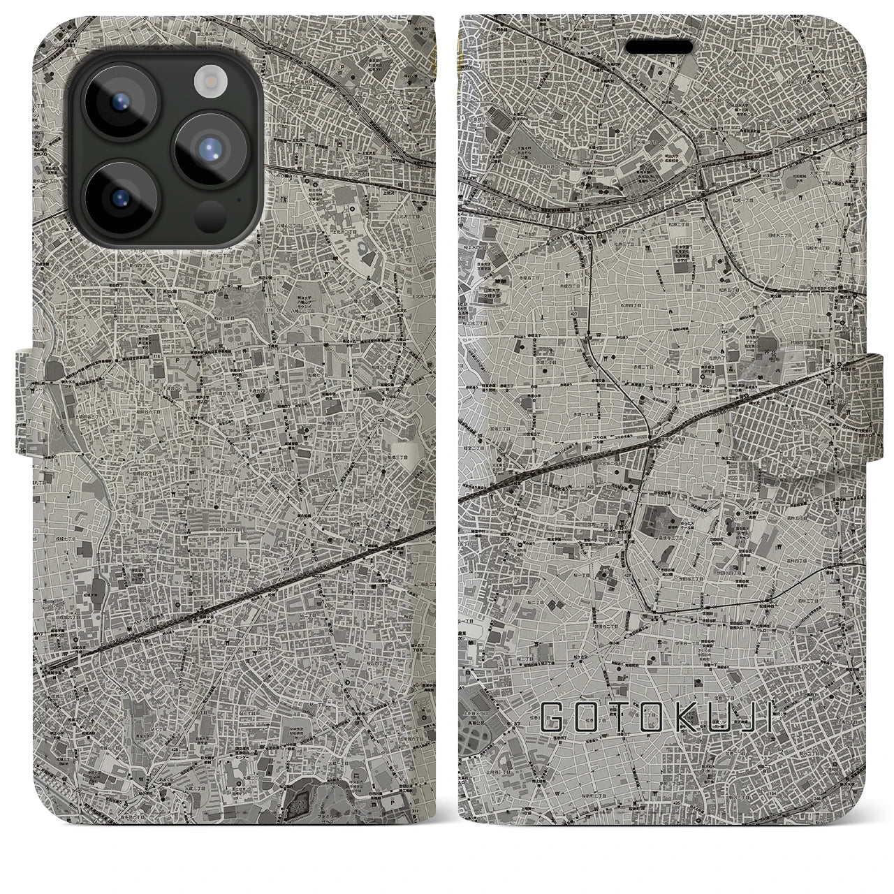 【豪徳寺(東京都)】地図柄iPhoneケース(手帳タイプ)モノトーン・iPhone 15 Pro Max 用