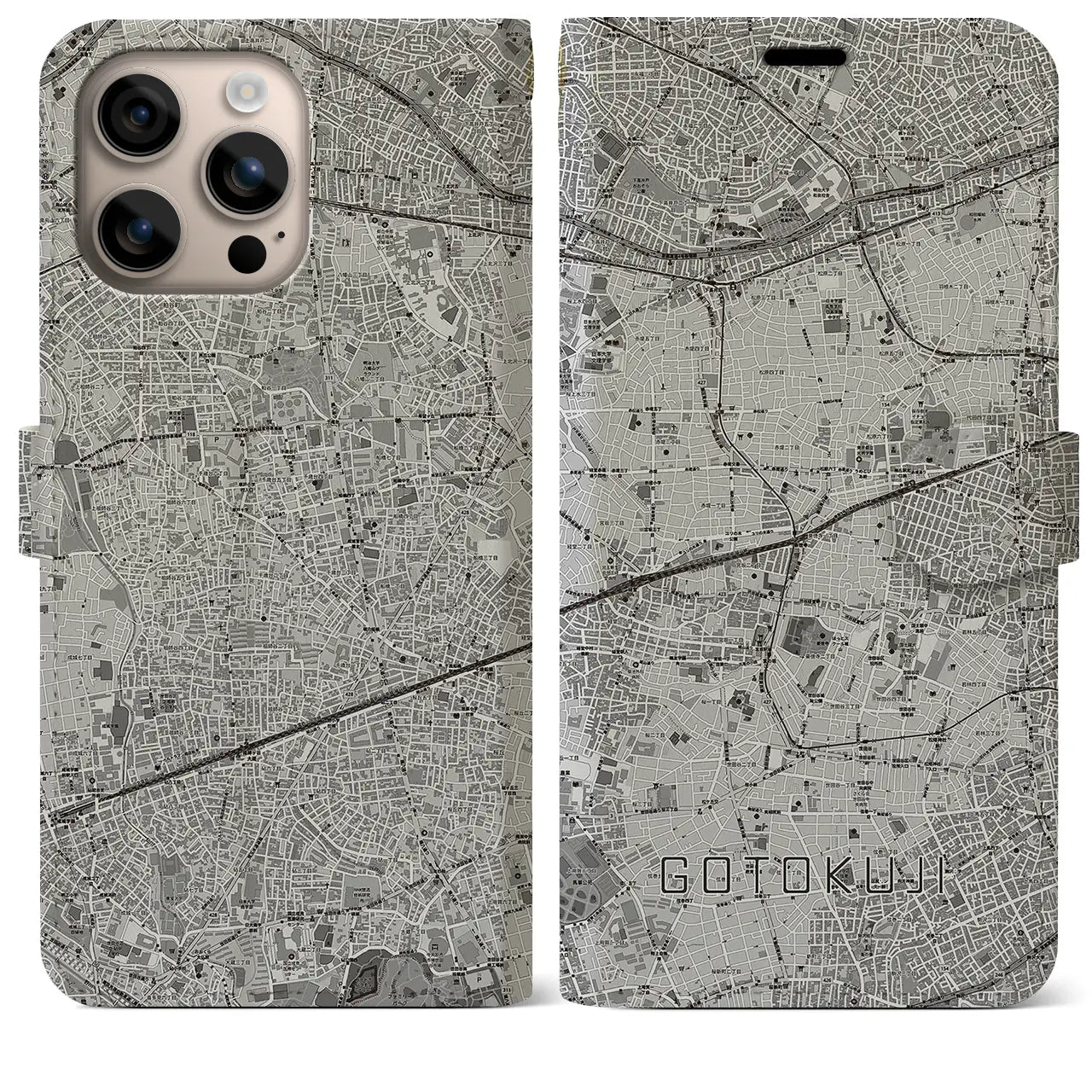 【豪徳寺(東京都)】地図柄iPhoneケース(手帳タイプ)モノトーン・iPhone 16 Plus 用