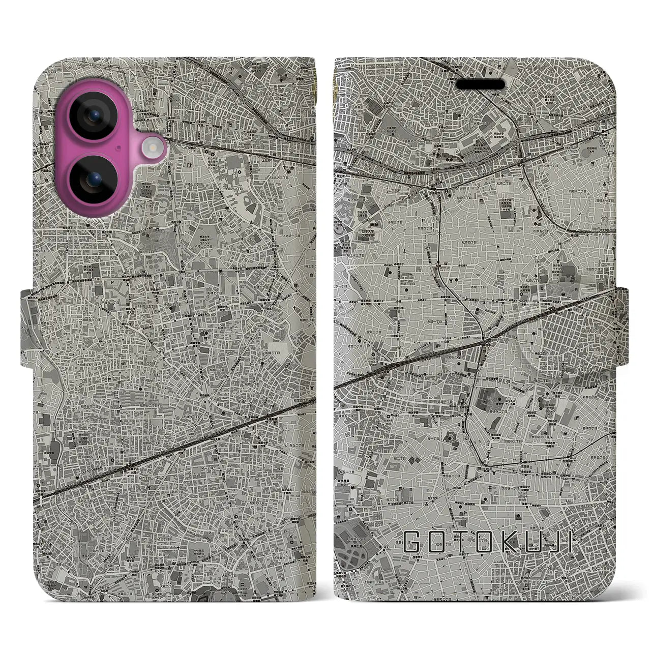 【豪徳寺(東京都)】地図柄iPhoneケース(手帳タイプ)モノトーン・iPhone 16 Pro 用
