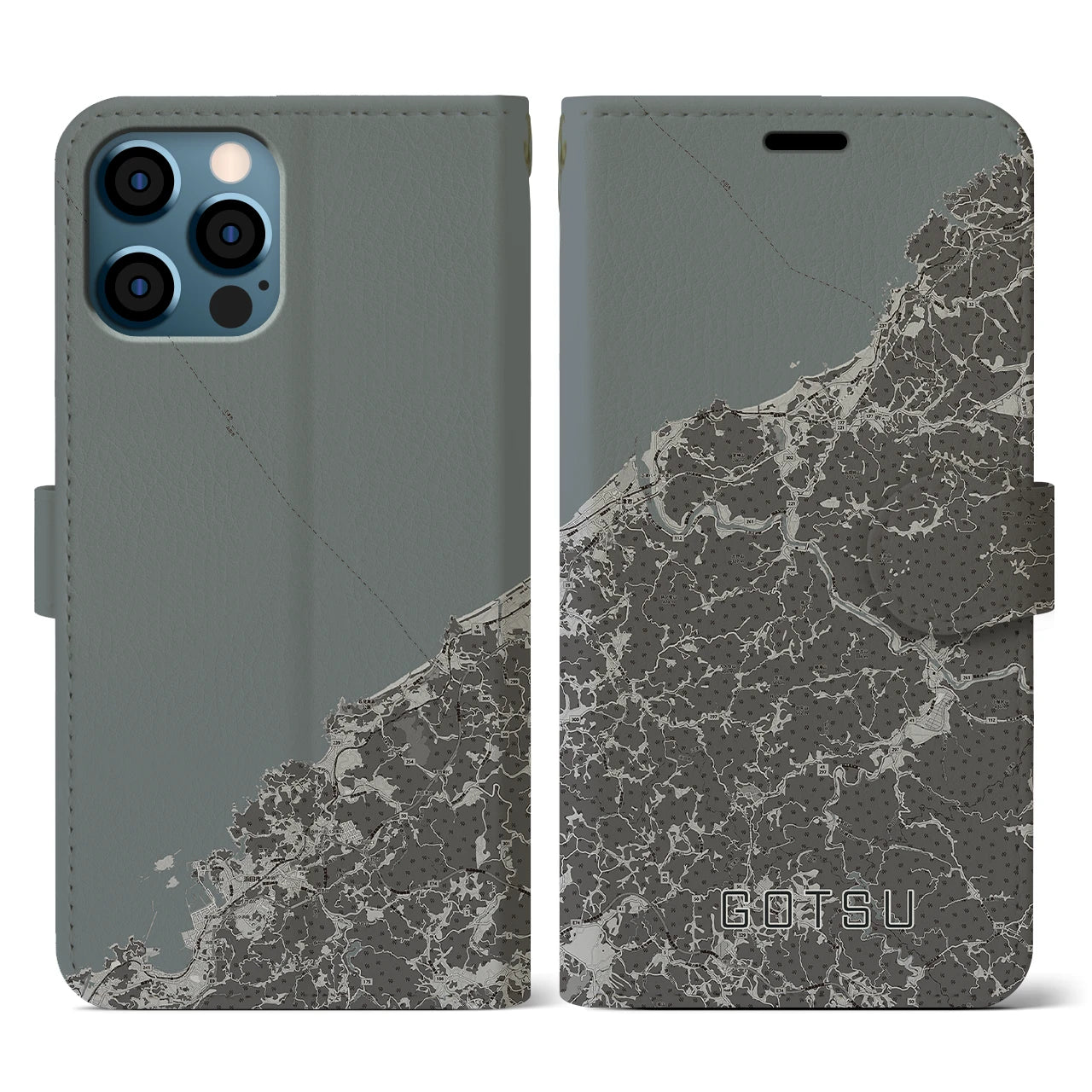 【江津(島根県)】地図柄iPhoneケース(手帳タイプ)モノトーン・iPhone 12 / 12 Pro 用