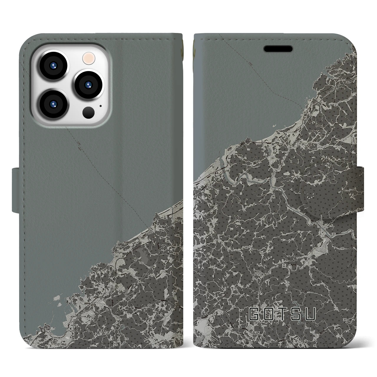 【江津(島根県)】地図柄iPhoneケース(手帳タイプ)モノトーン・iPhone 13 Pro 用