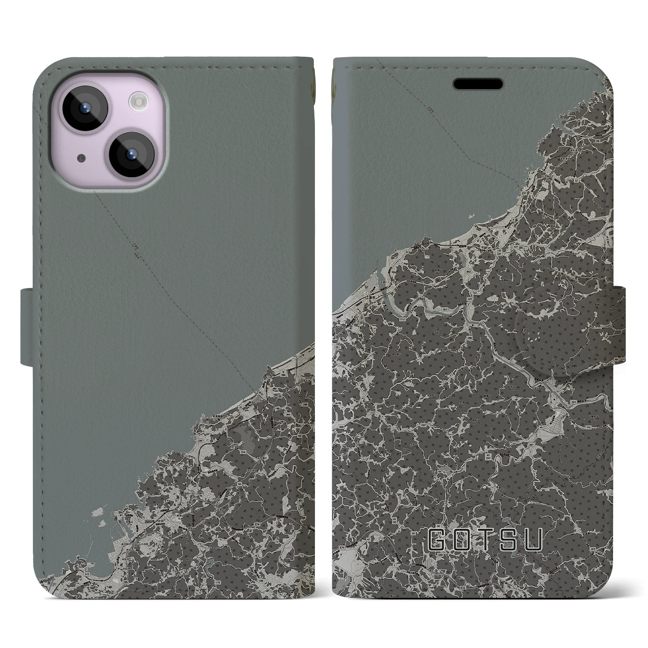 【江津(島根県)】地図柄iPhoneケース(手帳タイプ)モノトーン・iPhone 14 用
