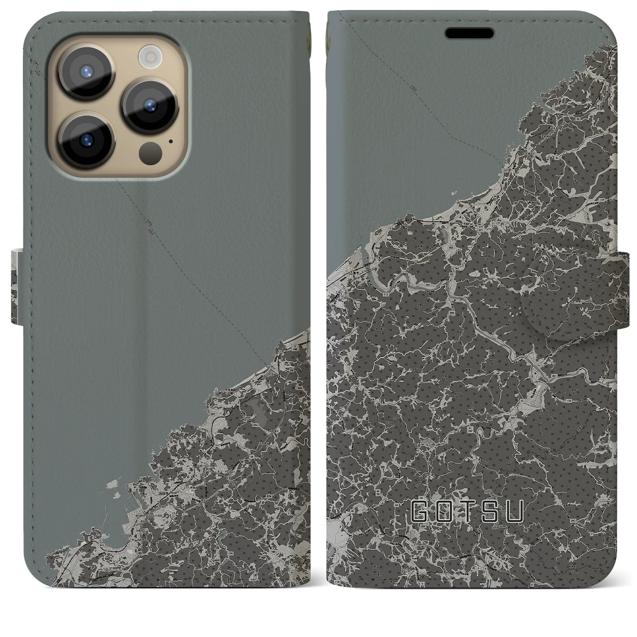 【江津(島根県)】地図柄iPhoneケース(手帳タイプ)モノトーン・iPhone 14 Pro Max 用