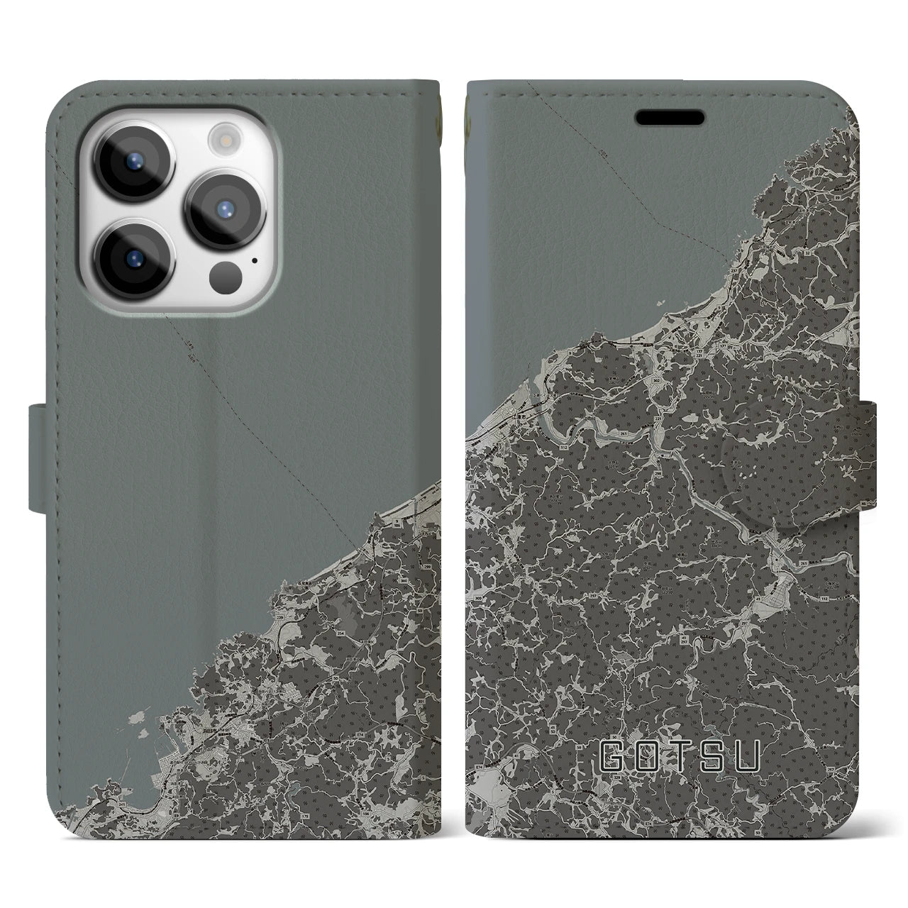 【江津(島根県)】地図柄iPhoneケース(手帳タイプ)モノトーン・iPhone 14 Pro 用