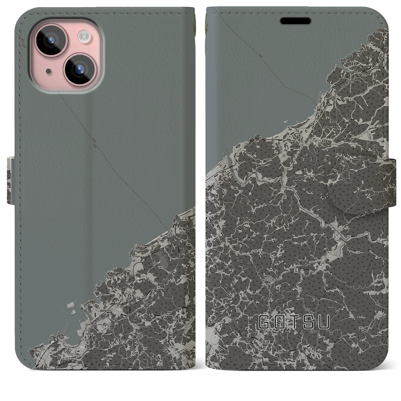 【江津(島根県)】地図柄iPhoneケース(手帳タイプ)モノトーン・iPhone 15 Plus 用