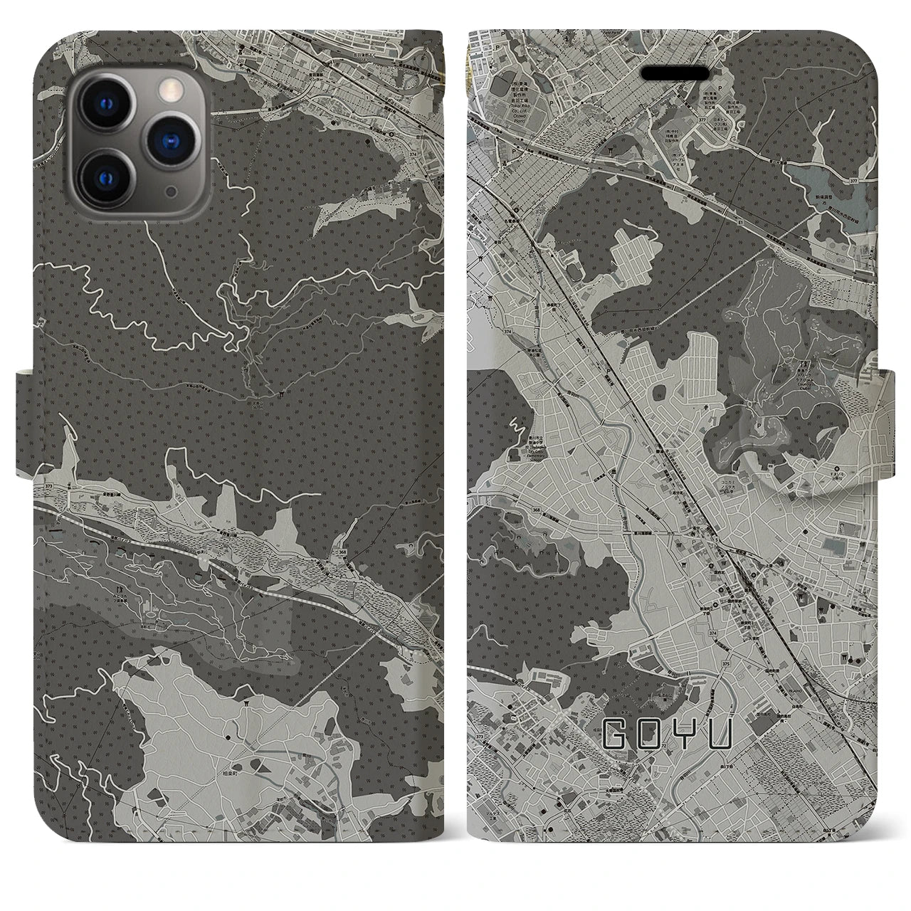 【御油(愛知県)】地図柄iPhoneケース(手帳タイプ)モノトーン・iPhone 11 Pro Max 用