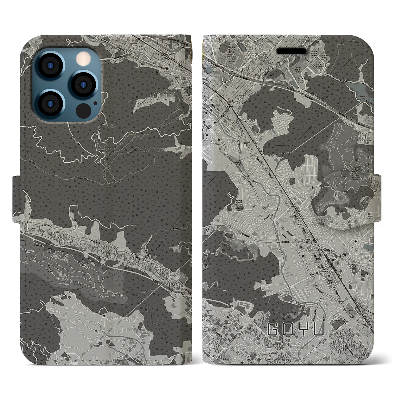 【御油(愛知県)】地図柄iPhoneケース(手帳タイプ)モノトーン・iPhone 12 / 12 Pro 用