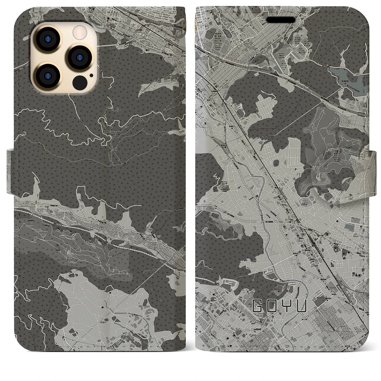 【御油(愛知県)】地図柄iPhoneケース(手帳タイプ)モノトーン・iPhone 12 Pro Max 用