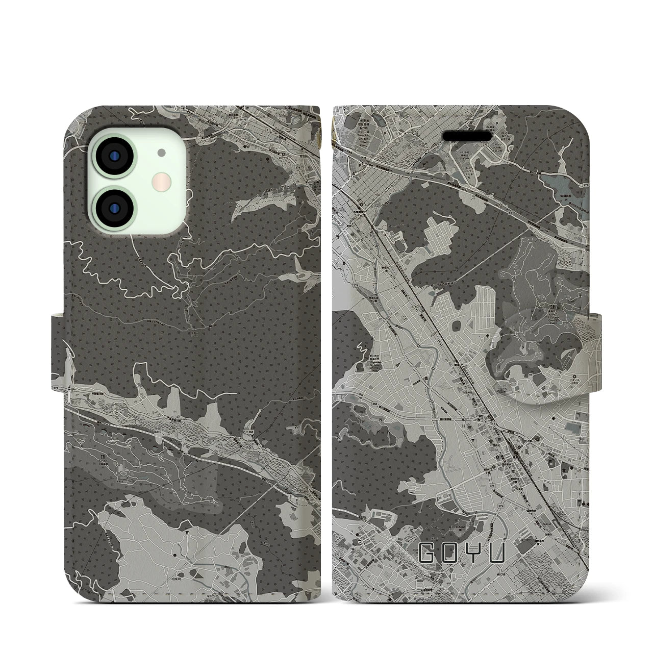 【御油(愛知県)】地図柄iPhoneケース(手帳タイプ)モノトーン・iPhone 12 mini 用