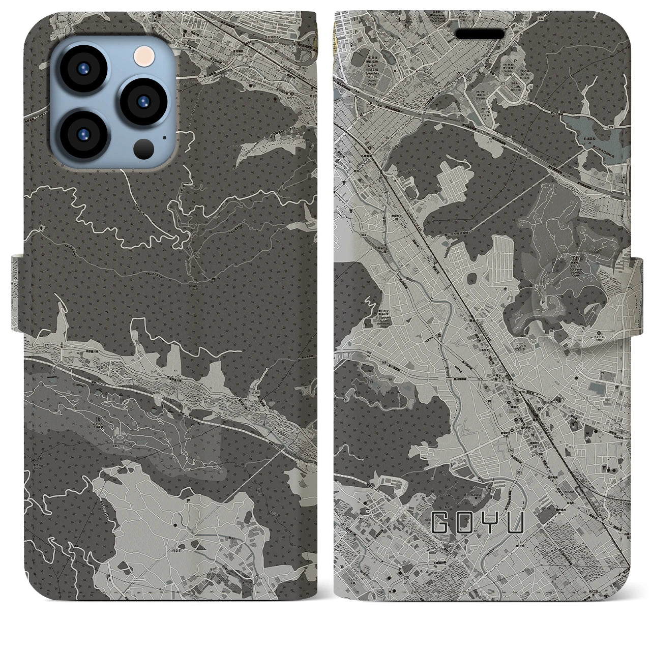 【御油(愛知県)】地図柄iPhoneケース(手帳タイプ)モノトーン・iPhone 13 Pro Max 用