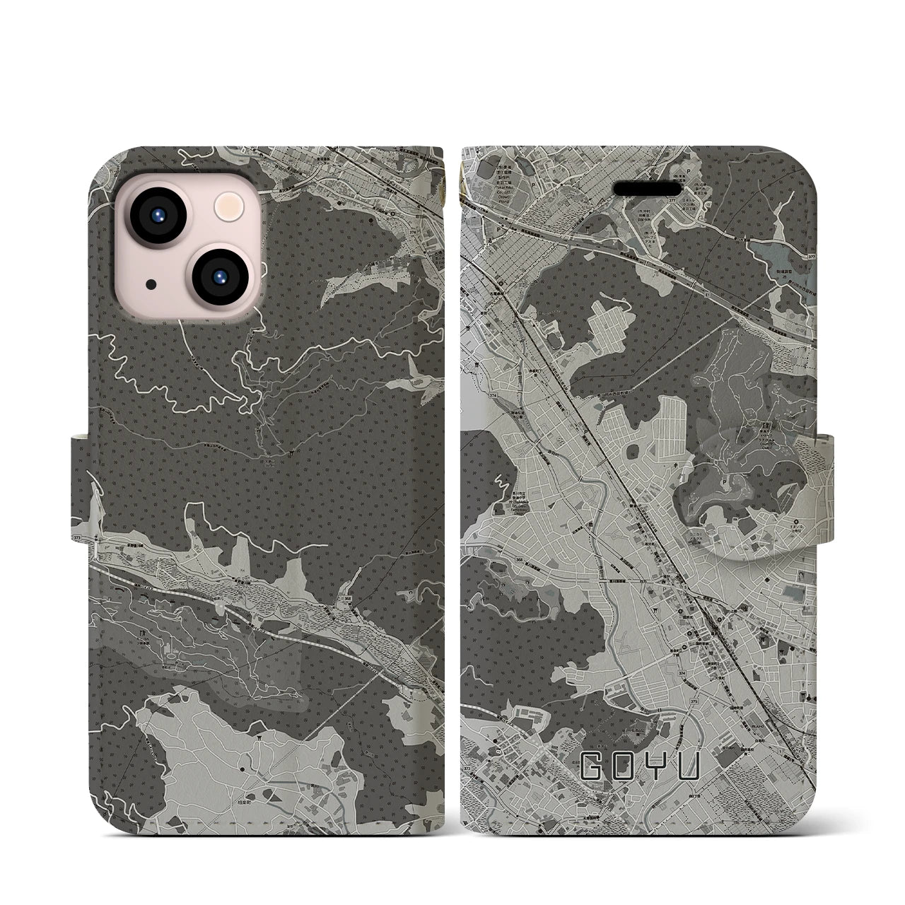 【御油(愛知県)】地図柄iPhoneケース(手帳タイプ)モノトーン・iPhone 13 mini 用