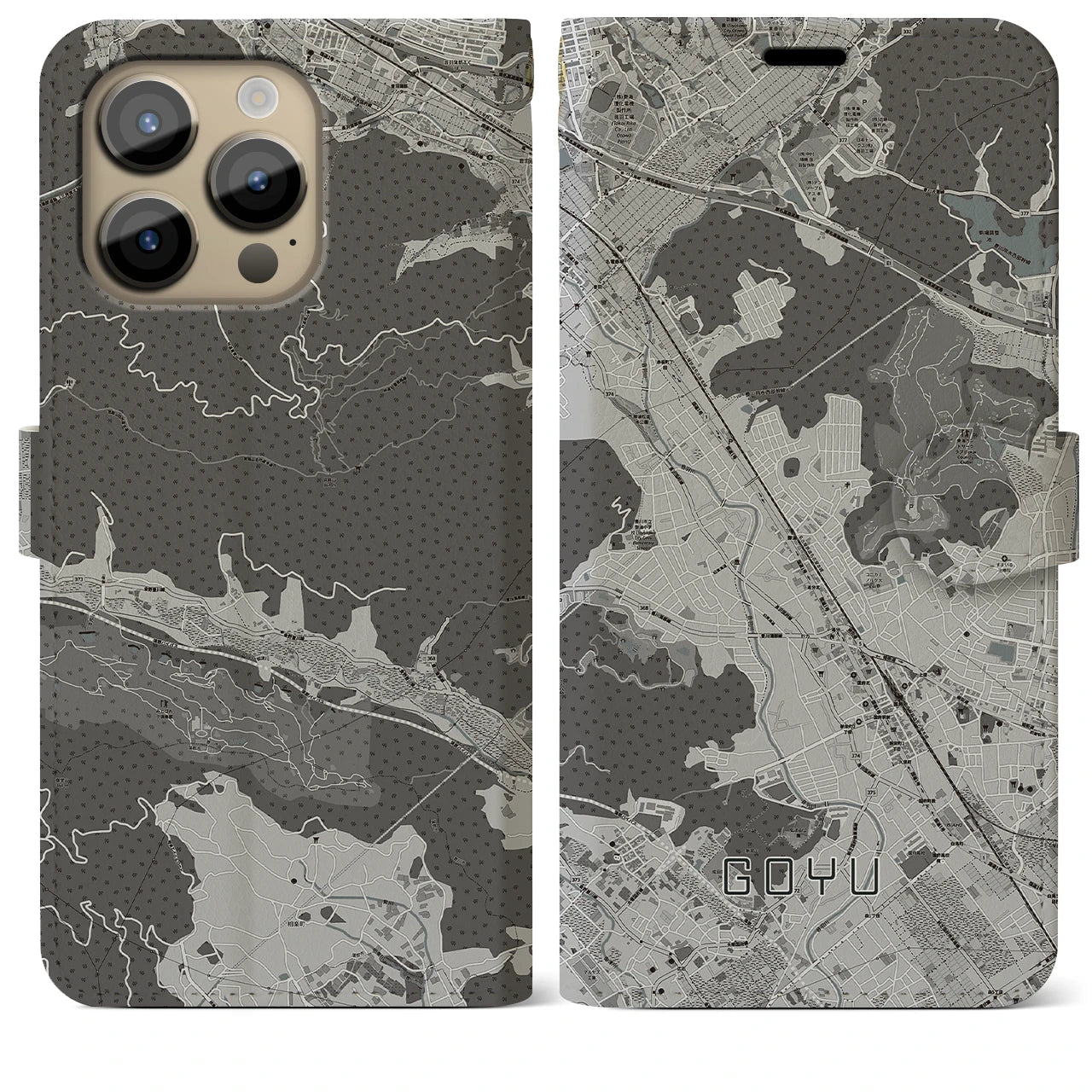 【御油(愛知県)】地図柄iPhoneケース(手帳タイプ)モノトーン・iPhone 14 Pro Max 用