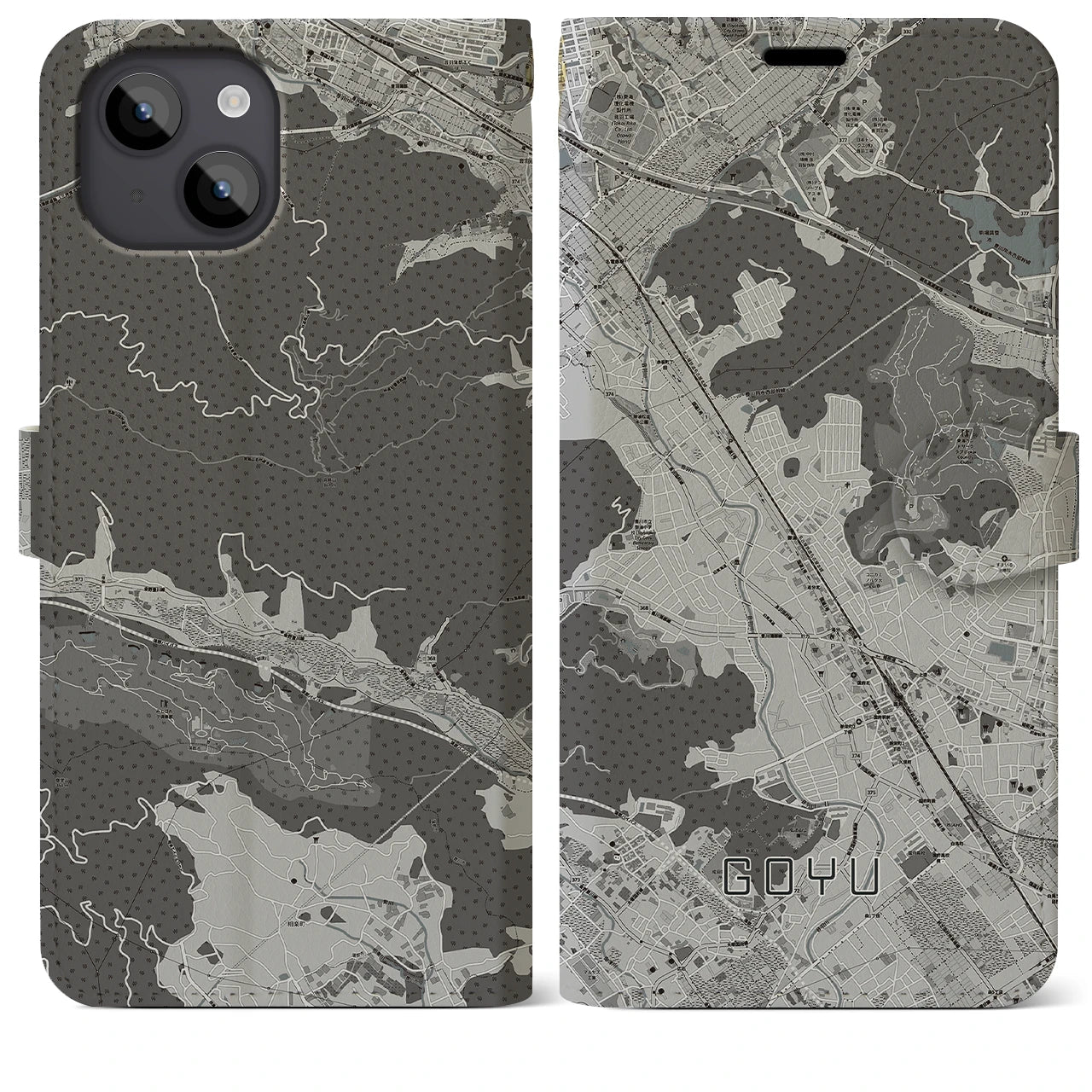 【御油(愛知県)】地図柄iPhoneケース(手帳タイプ)モノトーン・iPhone 14 Plus 用
