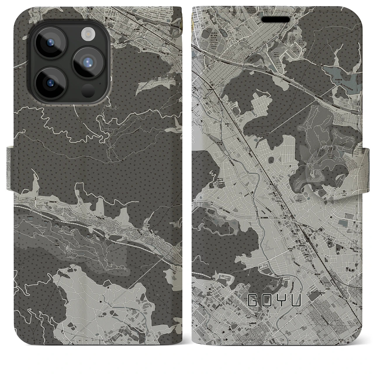 【御油(愛知県)】地図柄iPhoneケース(手帳タイプ)モノトーン・iPhone 15 Pro Max 用