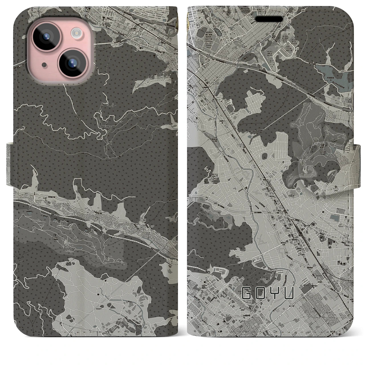 【御油(愛知県)】地図柄iPhoneケース(手帳タイプ)モノトーン・iPhone 15 Plus 用