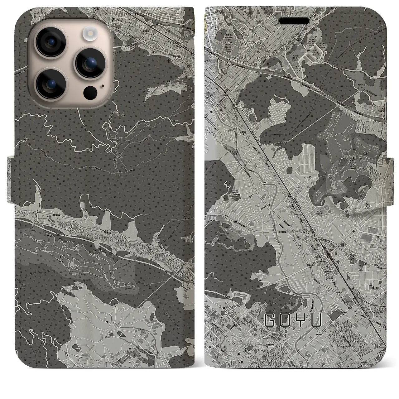 【御油(愛知県)】地図柄iPhoneケース(手帳タイプ)モノトーン・iPhone 16 Plus 用