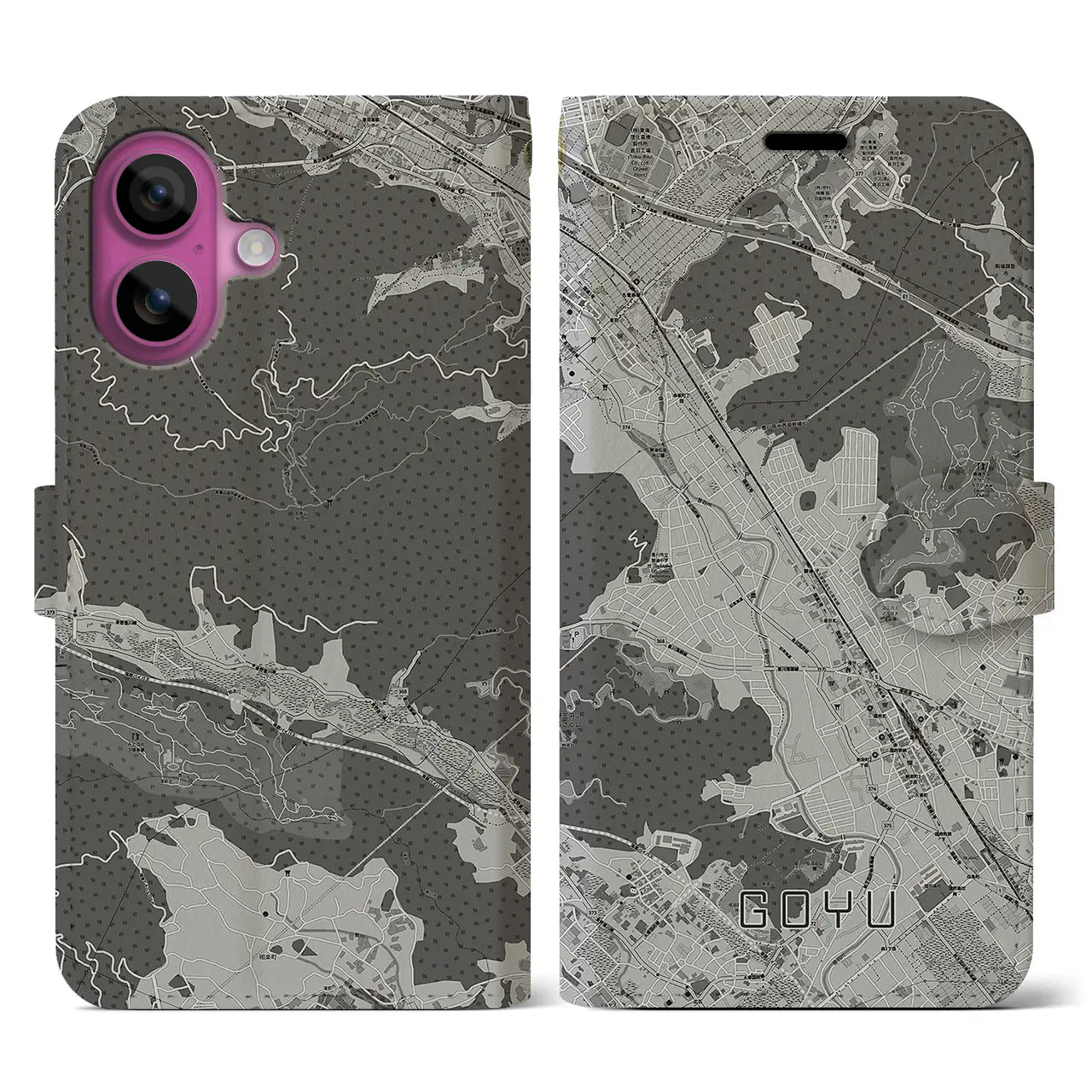 【御油(愛知県)】地図柄iPhoneケース(手帳タイプ)モノトーン・iPhone 16 Pro 用