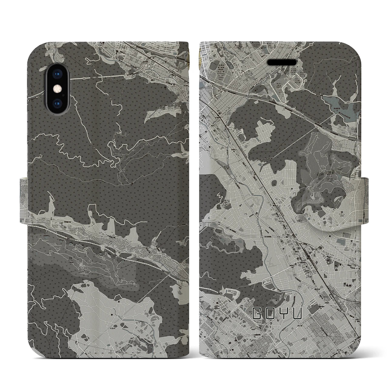 【御油(愛知県)】地図柄iPhoneケース(手帳タイプ)モノトーン・iPhone XS / X 用