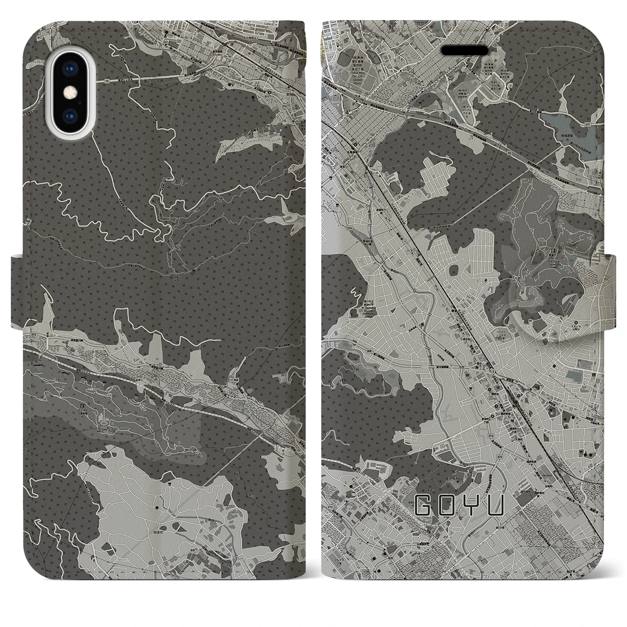 【御油(愛知県)】地図柄iPhoneケース(手帳タイプ)モノトーン・iPhone XS Max 用