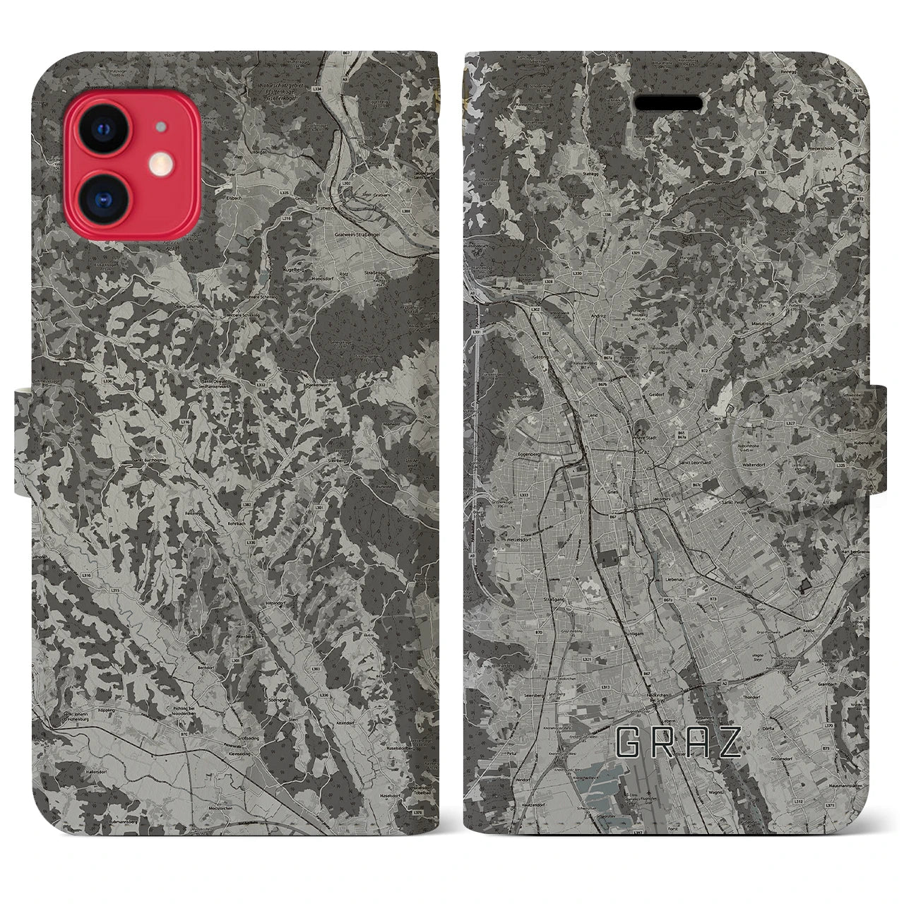 【グラーツ(オーストリア)】地図柄iPhoneケース(手帳タイプ)モノトーン・iPhone 11 用