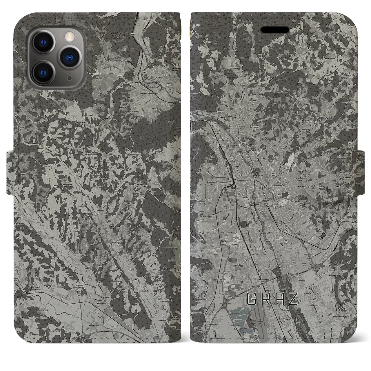 【グラーツ(オーストリア)】地図柄iPhoneケース(手帳タイプ)モノトーン・iPhone 11 Pro Max 用