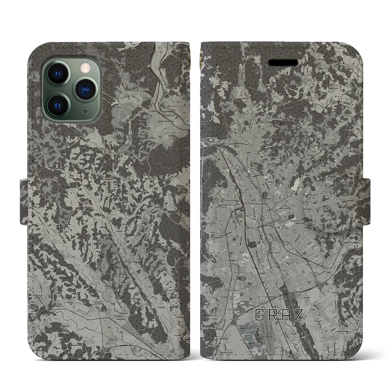 【グラーツ(オーストリア)】地図柄iPhoneケース(手帳タイプ)モノトーン・iPhone 11 Pro 用