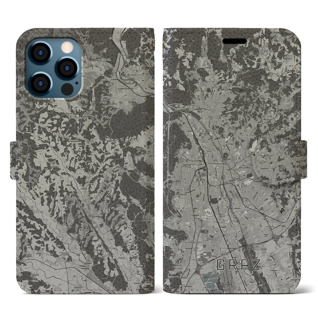 【グラーツ(オーストリア)】地図柄iPhoneケース(手帳タイプ)モノトーン・iPhone 12 / 12 Pro 用